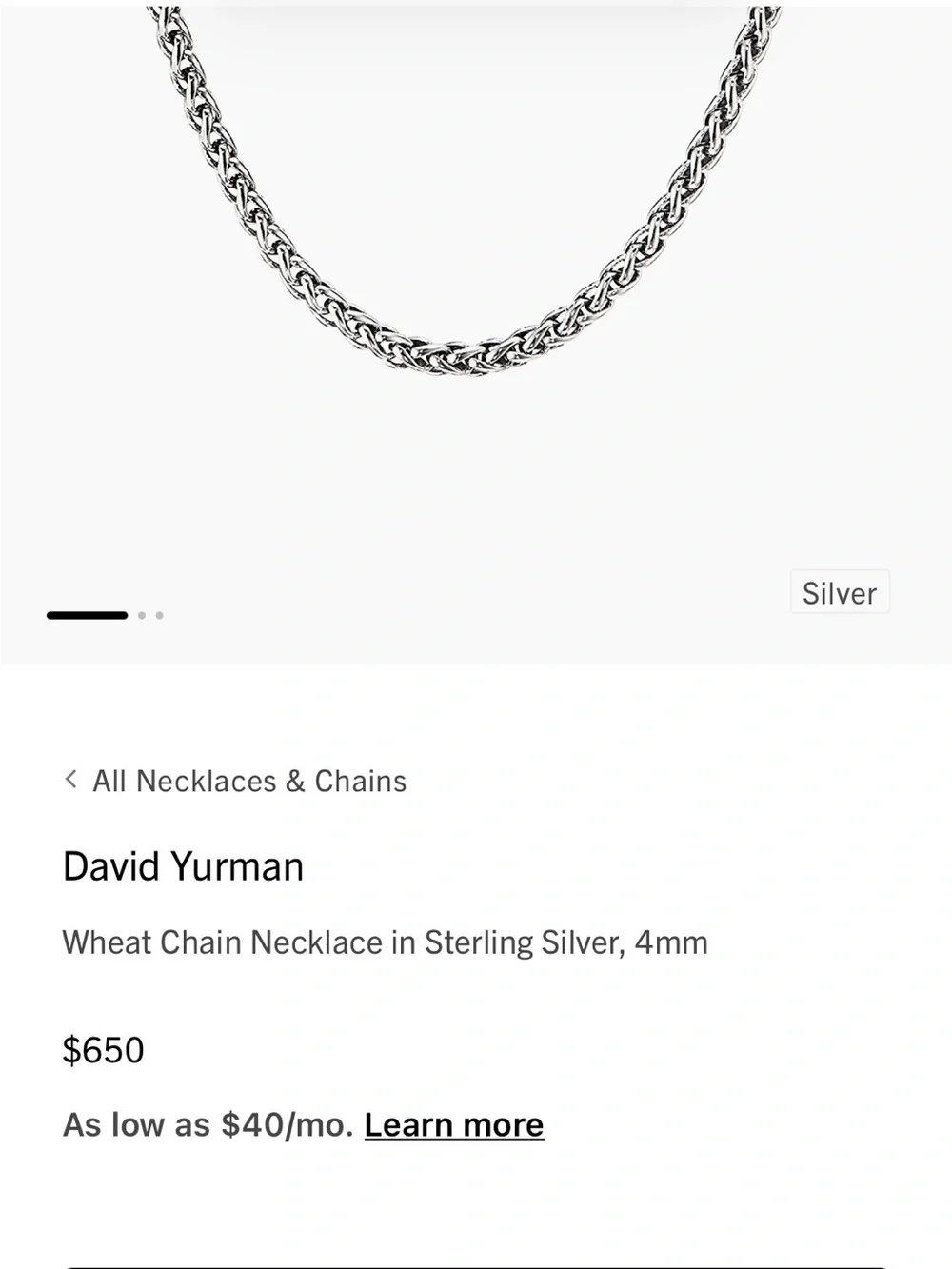 David Yurman Sterling Silver 4mm Wheat Weave Chain Necklace 22” - 30.9g!